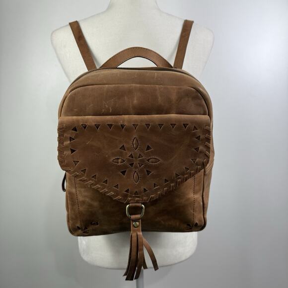 BORN Brown Leather Backpack Bag Distressed Bohemian Laser Cut Fringe Festival - Picture 2 of 16